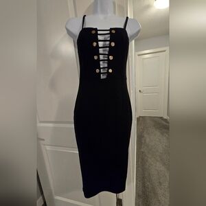 Privy Sexy Black Dress with Gold Hardware And Accents. Size Small.